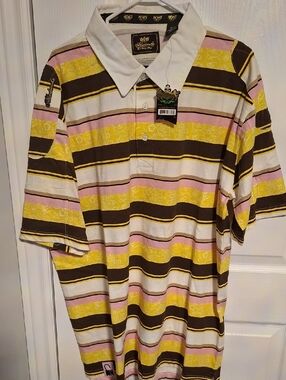 Akademiks Striped Polo in Yellow, Pink, Brown